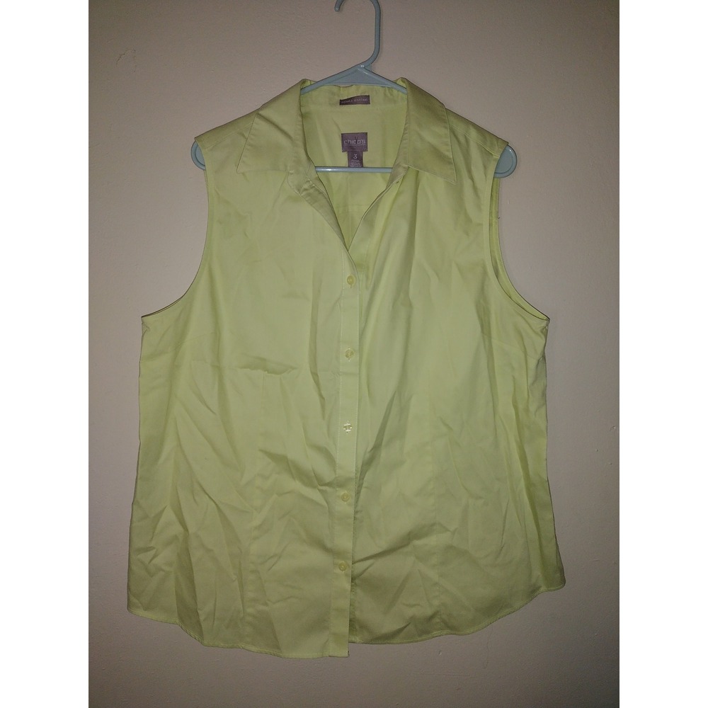 Chicos Sleeveless Button Down Shirt Lime Wrinkle Resistant‎ Cotton Size 3
